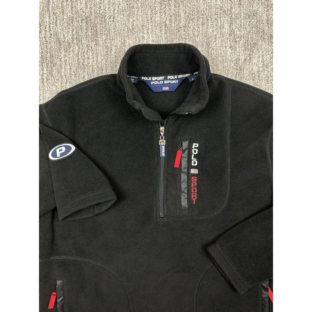 Vintage Polo Sport Ralph Lauren Quarter Zip Fleece Black Mens Large Made In USA